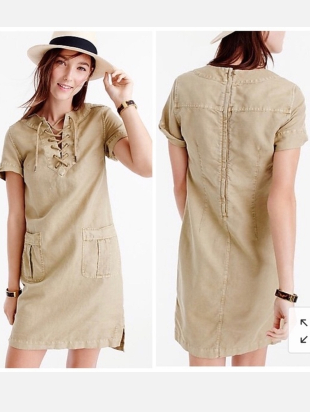J Crew Linen Cotton Structured Lace Up Cargo Pocket Tan Short Sleeve Dress Sz 0